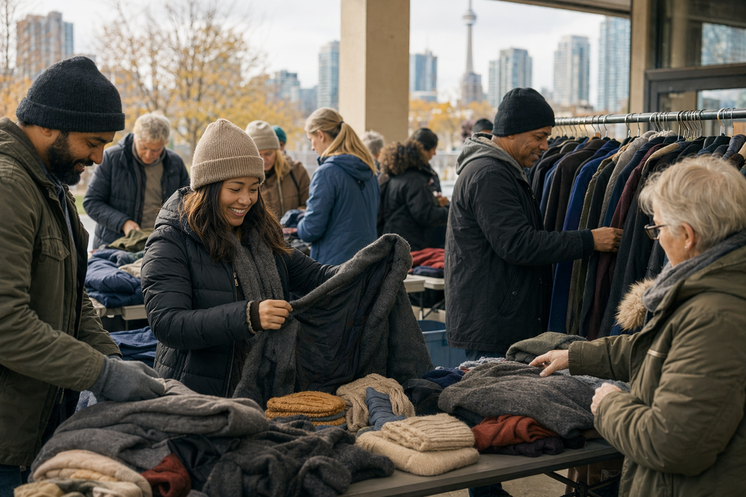 Volunteers and community members selecting and organizing winter coats and warm clothing in Toronto.