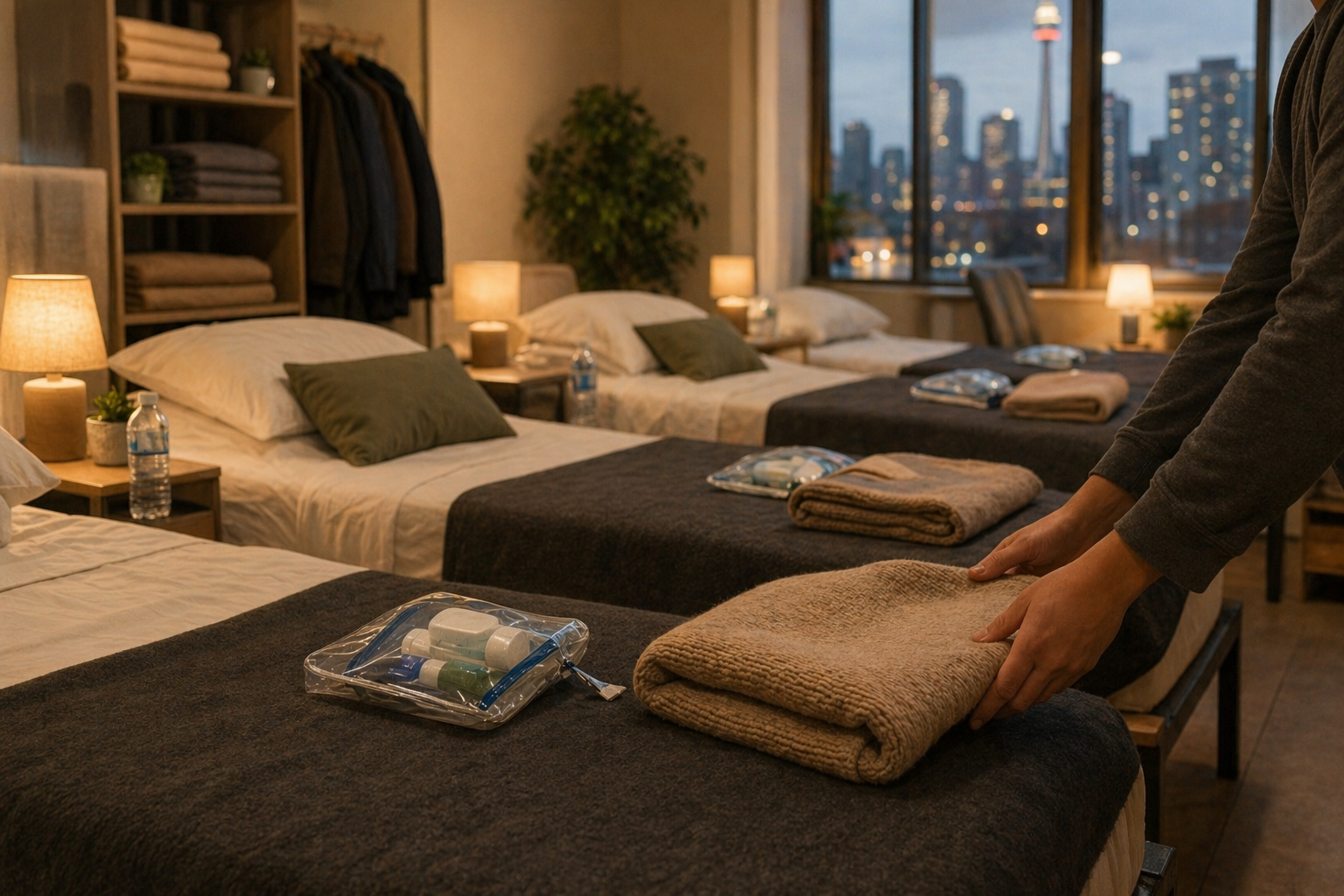A warm temporary shelter space prepared with made beds, blankets, water, and hygiene kits.