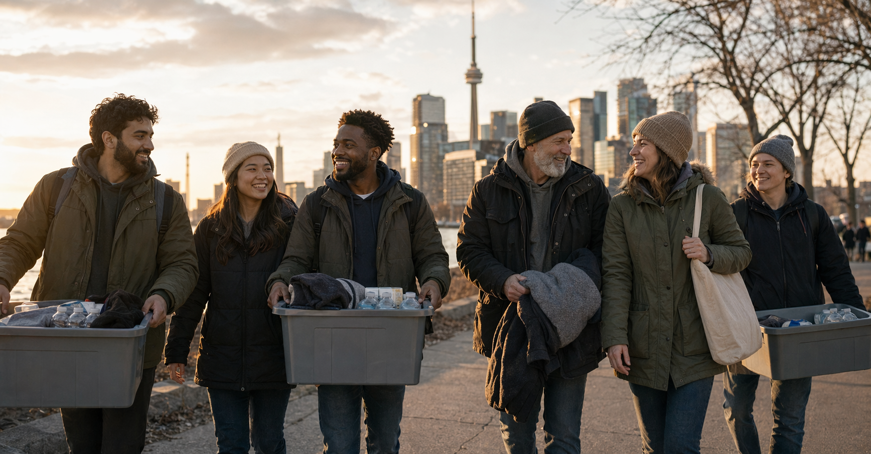A group of volunteers carrying outreach bins and blankets together with the Toronto skyline behind them.