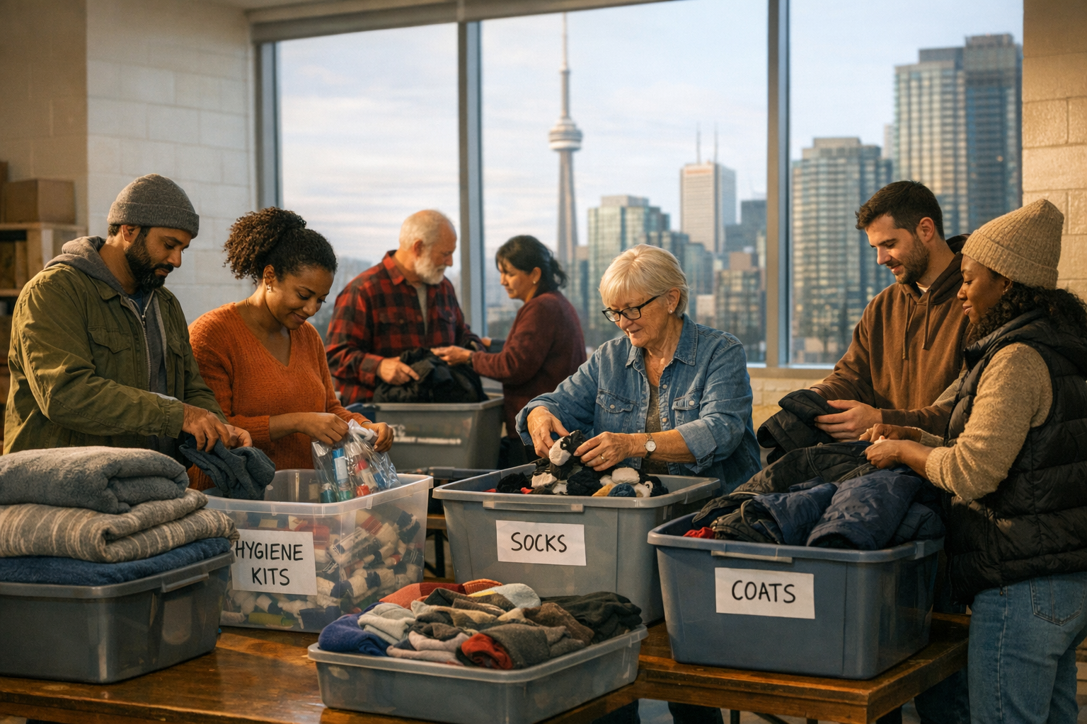 Volunteers sorting coats, socks, blankets, and hygiene kits for Toronto outreach.