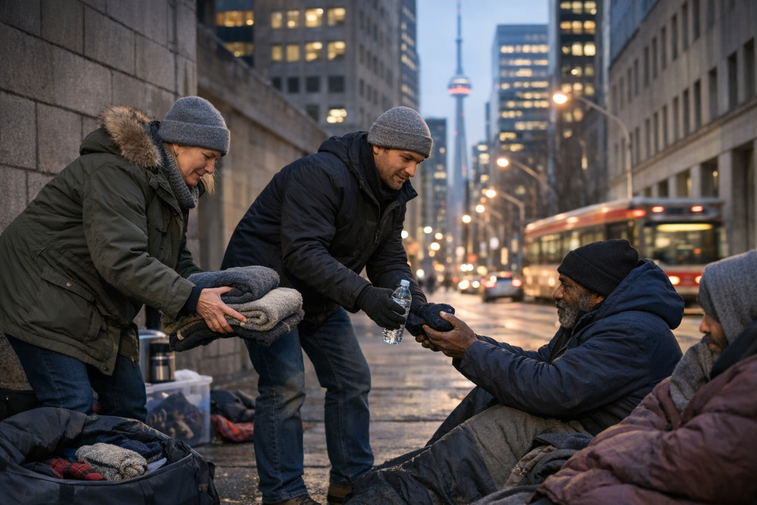 Volunteers handing blankets, warm socks, and water to unhoused neighbours on a Toronto street.