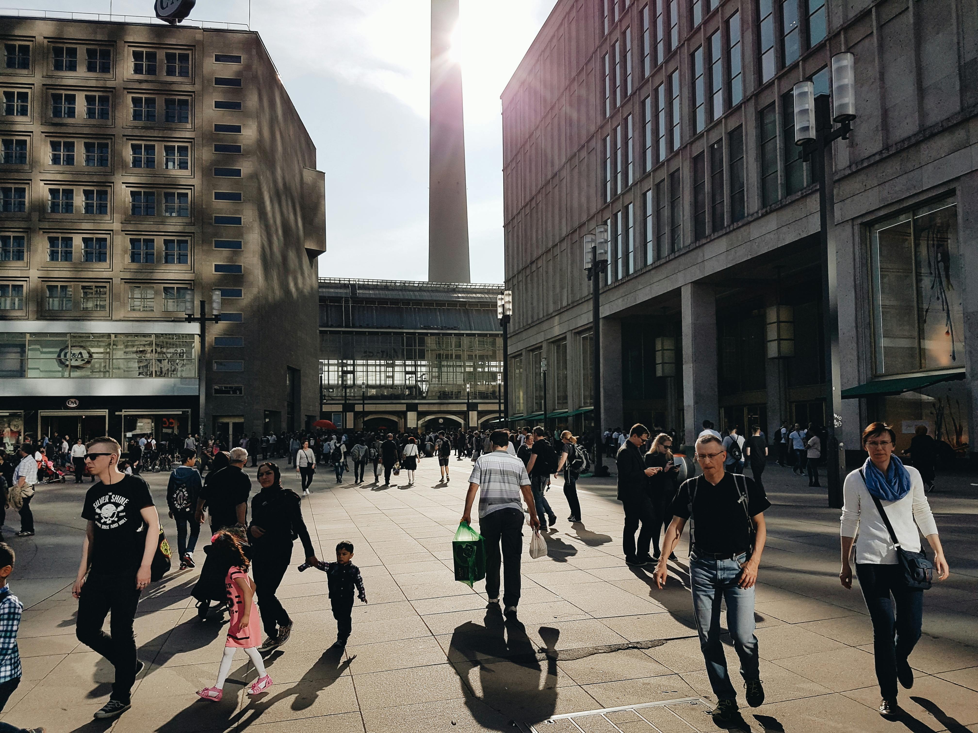 Downtown Toronto streets with people moving through the city.